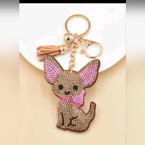 ✨️🤎 DOGGY RHINESTONE tassles BAG CHARM KEY CHAIN ✨️🩷 - Picture 1 of 2